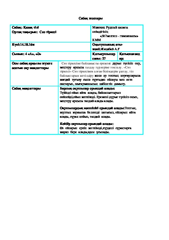 Сабақ жоспары 4 сыныпқа арналған қазақ тілі пәнінен