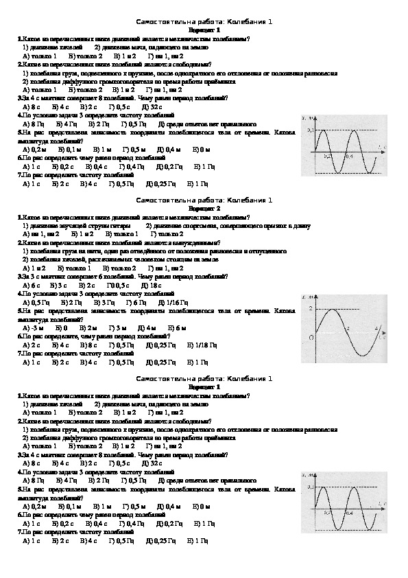 Колебания механические контрольная