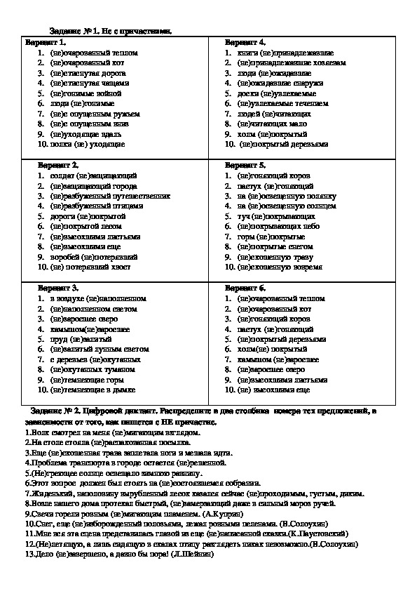 Карточка по русскому языку на тему "Не с причастиями"(7 класс, русский язык)