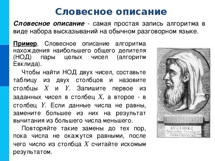 Устное описание. Словесное описание. Словесное описание алгоритма. Запись алгоритма в виде набора высказываний. Запись алгоритма в виде набора высказываний на обычном разговорном.