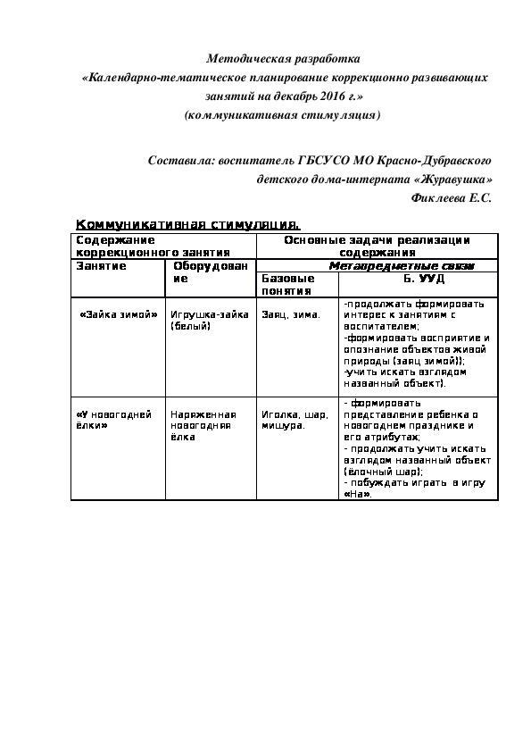 Методическая разработка «Календарно-тематическое планирование коррекционно¬ развивающих занятий на декабрь 2016 г.» (коммуникативная стимуляция)