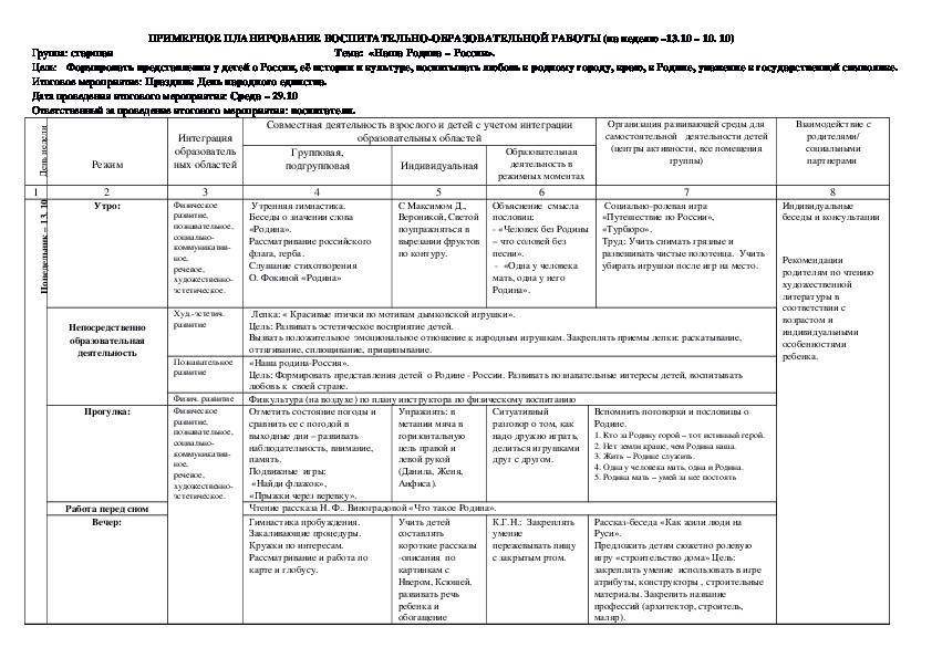 Календарный план работы с детьми подготовительной группы