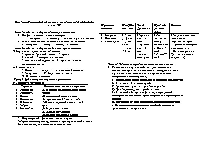 Контрольная работа внутренняя среда организма 8