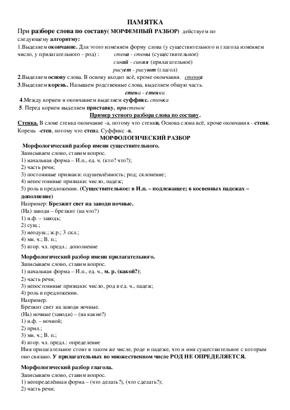 Памятка по русскому языку:"Виды разборов по русскому языку в начальной школе" (2-4 классы)