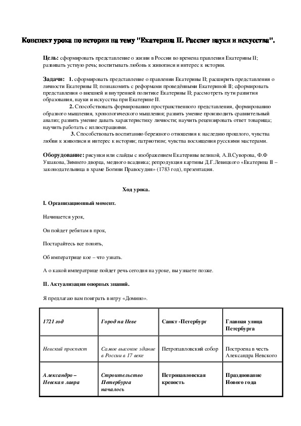 Конспект урока по истории на тему "Екатерина II. Рассвет науки и искусства".