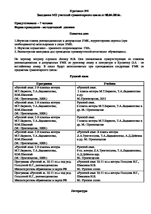 Обложка для материала Работа МО гуманитарного цикла