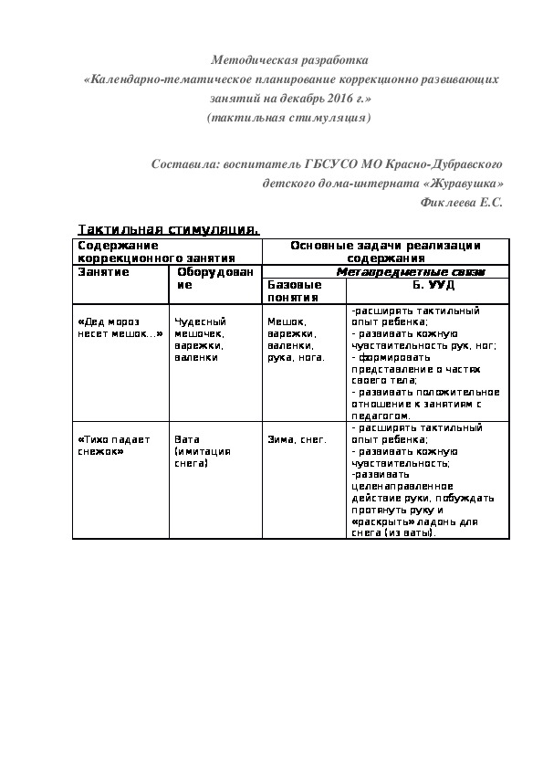 Методическая разработка «Календарно-тематическое планирование коррекционно¬ развивающих занятий на декабрь 2016 г.» (тактильная стимуляция)