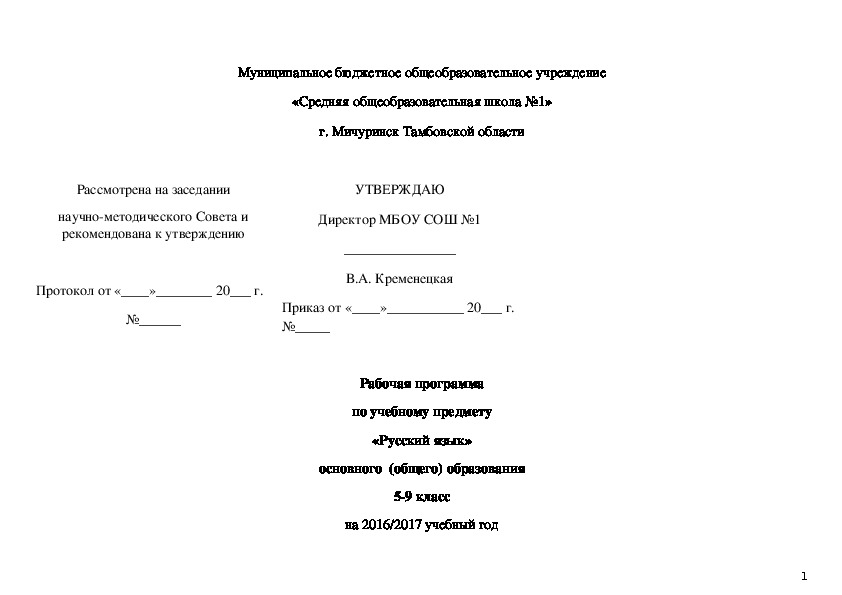 Рабочая программа по учебному предмету «Русский язык» основного  (общего) образования 5-9 класс на 2016/2017 учебный год.