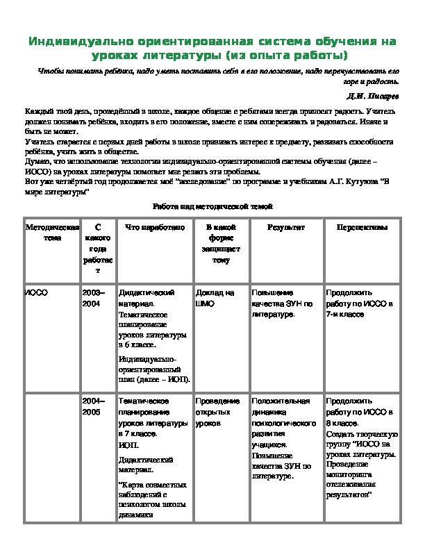 Обложка для материала Индивидуально ориентированная система обучения на уроках литературы (из опыта работы)