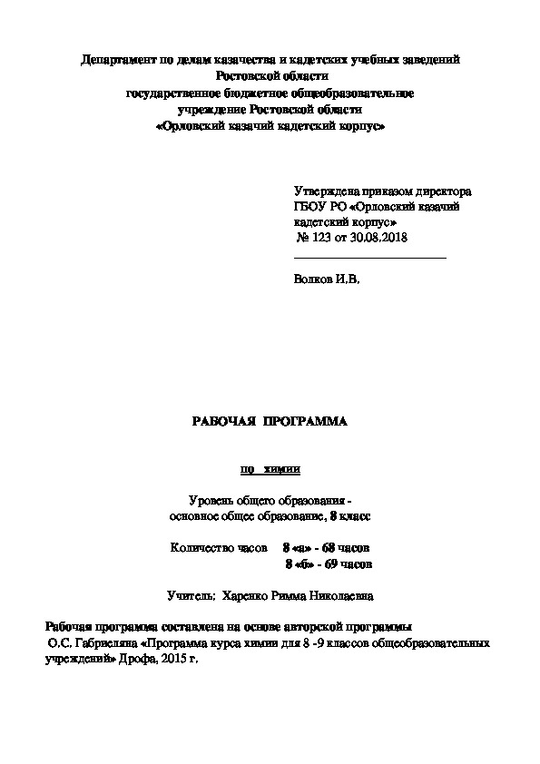 Программа по химии 8 класс