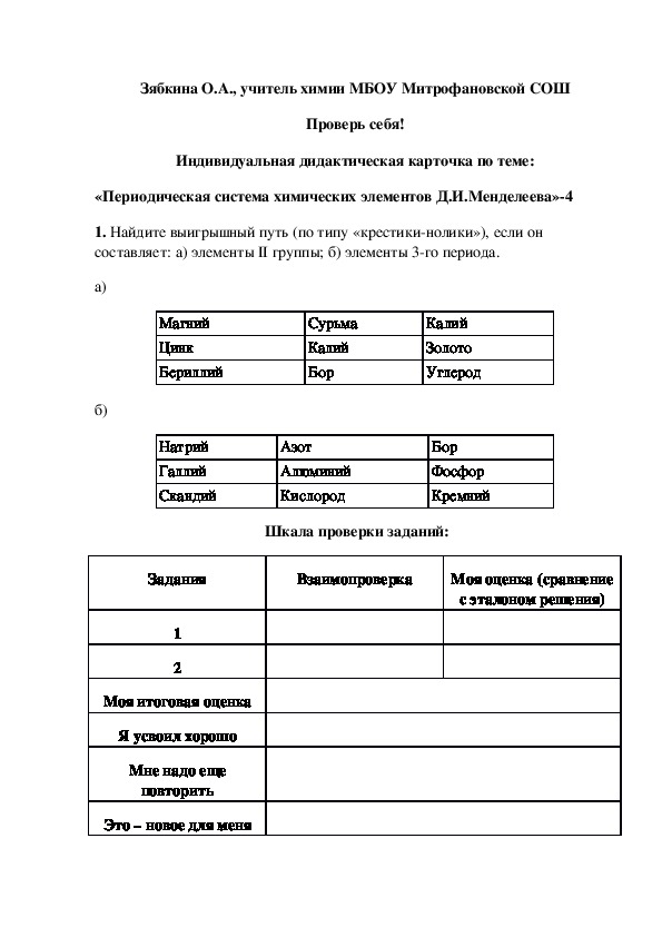 Обложка для материала Проверь себя! Индивидуальная дидактическая карточка по теме: «Периодическая система химических элементов Д.И.Менделеева»-4