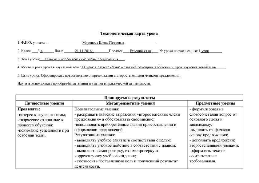 Технологическая карта урока русского языка в 3 классе