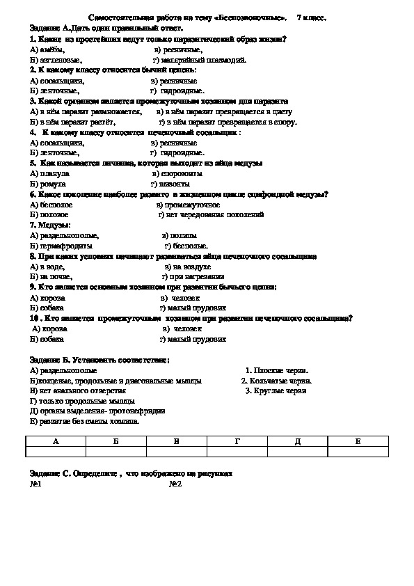 В 7 классе по теме:Самостоятельная работа по биологии на тему «Беспозвоночные организмы"в 7 классе