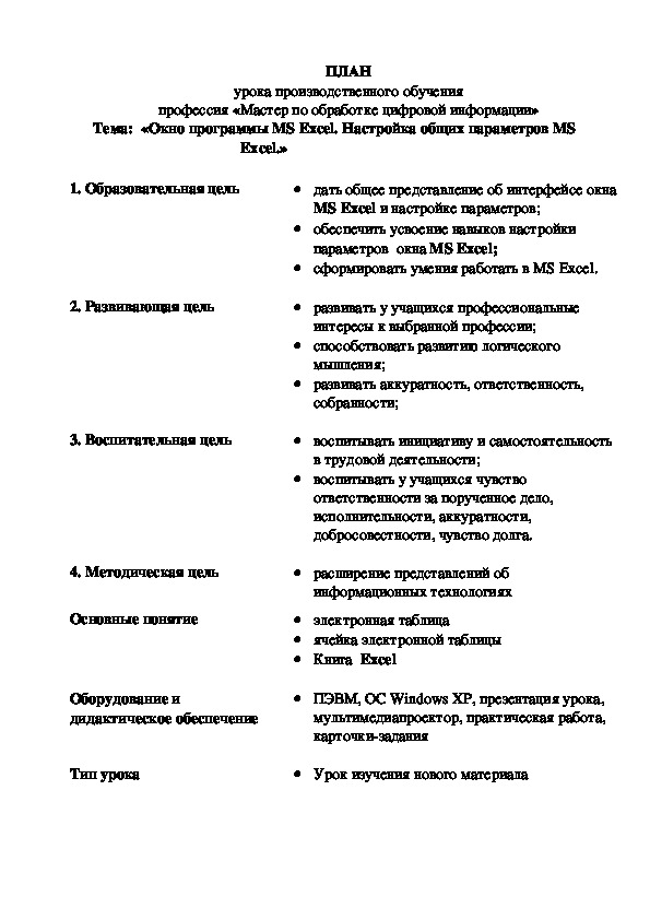 ПЛАН урока производственного обучения «Окно программы MS Excel. Настройка общих параметров MS Excel.»