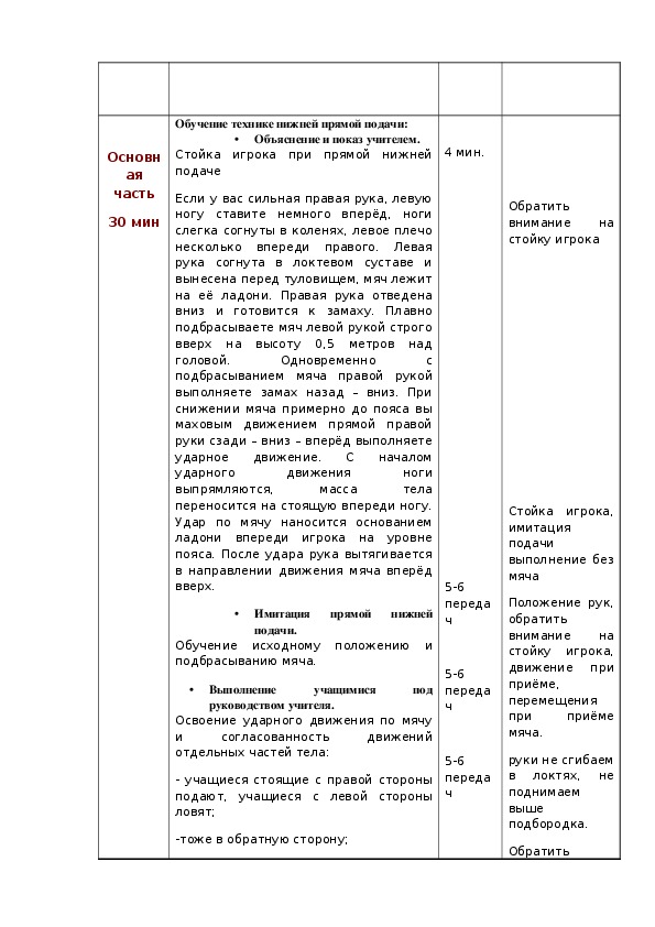 План конспект урока по волейболу 8 класс