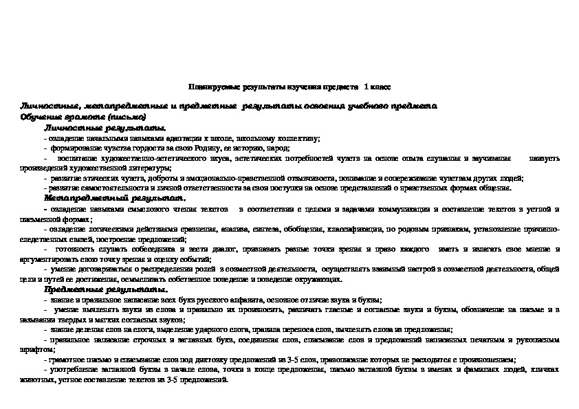 Рабочая программа по русскому языку. Канакина В.П. 1 класс