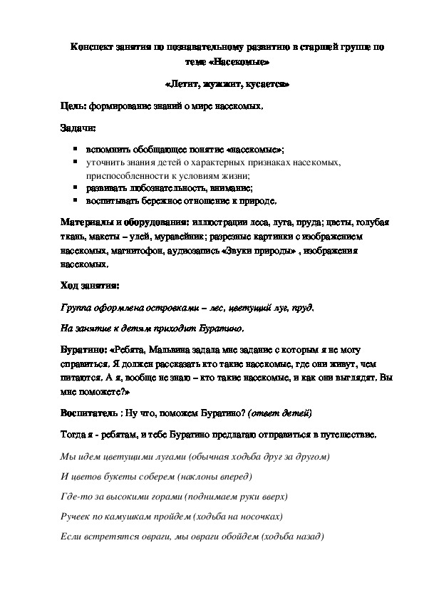 Конспект занятия по познавательному развитию в старшей группе по теме «Насекомые» «Летит, жужжит, кусается»