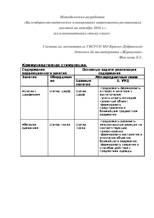 Методическая разработка «Календарно¬-тематическое планирование коррекционно¬ развивающих занятий на октябрь 2016 г.» (коммуникативная стимуляция)