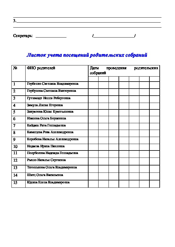 Список присутствующих на родительском собрании образец в доу