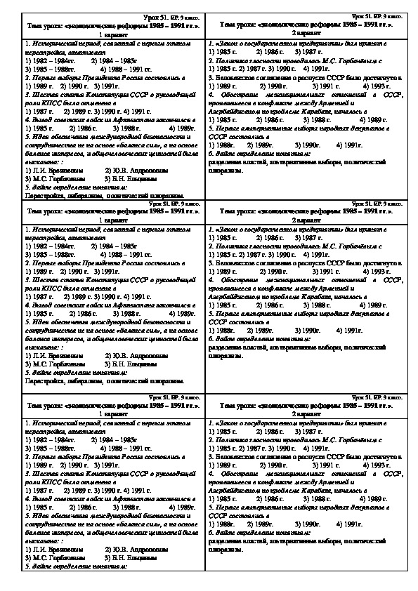 Разработка урока по истории России для 9 класса по теме "Экономические реформы 1985-1991 гг."