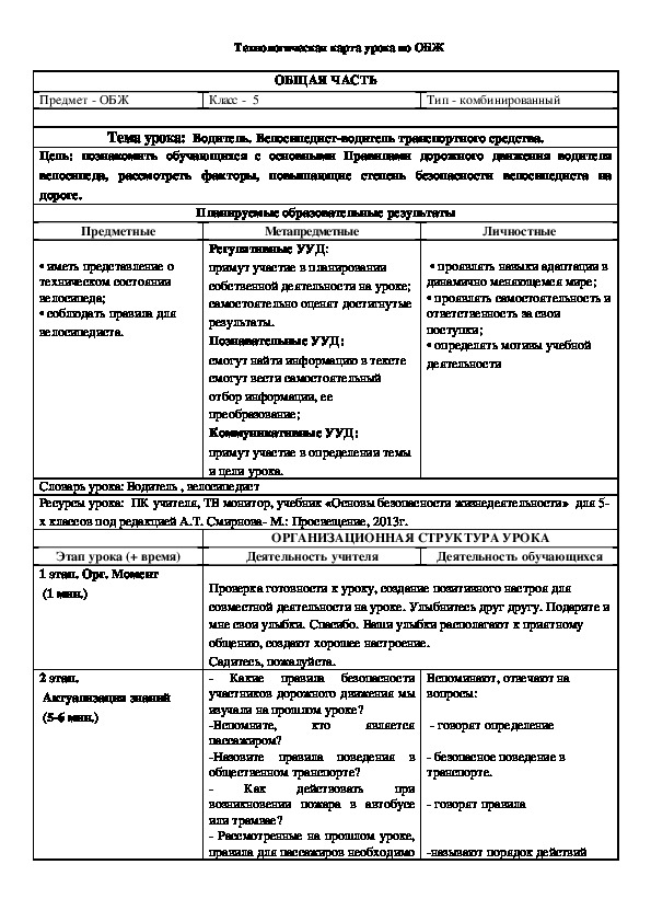 Технологическая карта урока по обж по фгос 8 класс