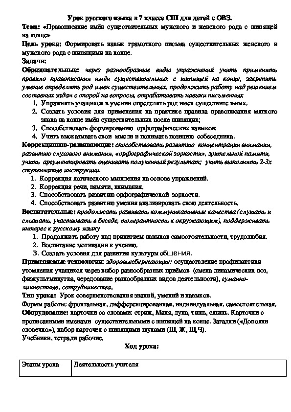 Урок русского языка в 7 классе СШ для детей с ОВЗ.