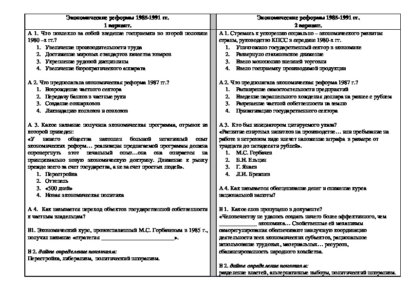 Разработка урока по истории России для 9 класса по теме "Экономические реформы 1985-1991 гг."