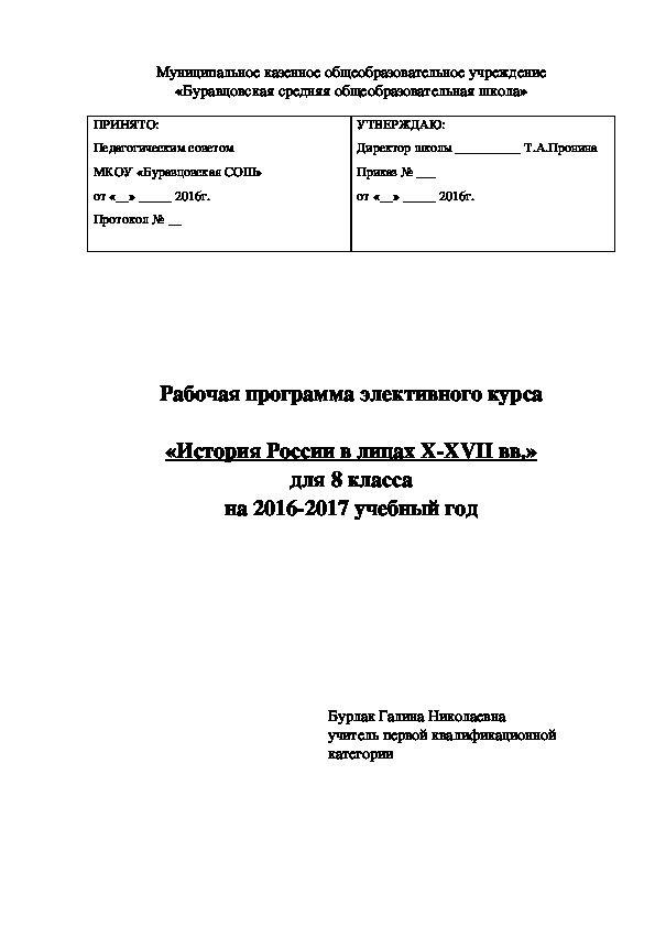 Рабочая программа элективного курса  «История России в лицах X-XVII вв.» для 8 класса