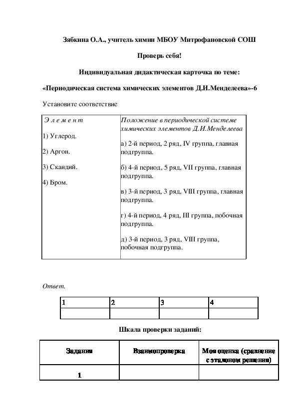 Обложка для материала Проверь себя! Индивидуальная дидактическая карточка по теме: «Периодическая система химических элементов Д.И.Менделеева»-6