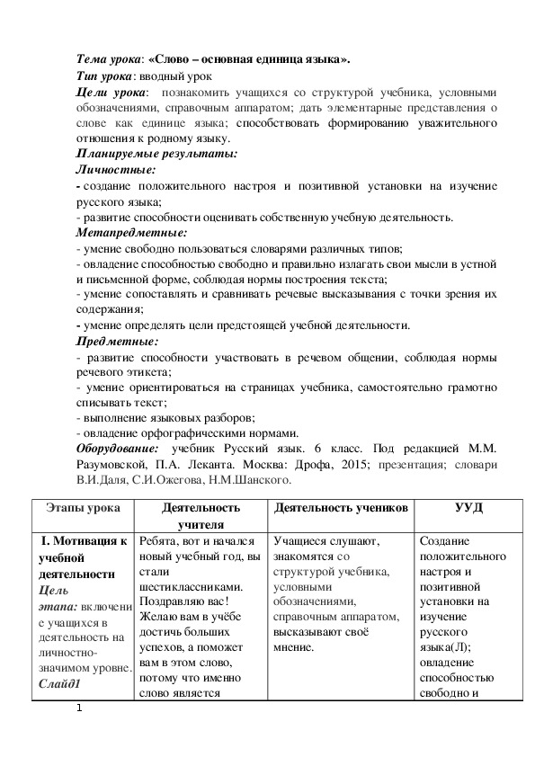 Конспект урока русского языка для 6 класса "Слово--основная единица языка"