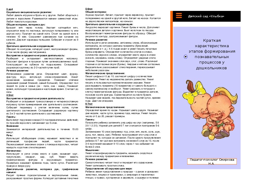 Буклет для воспитатлей ДОУ "Краткая характеристика этапов формирования познавательных процессов у дошкольников"