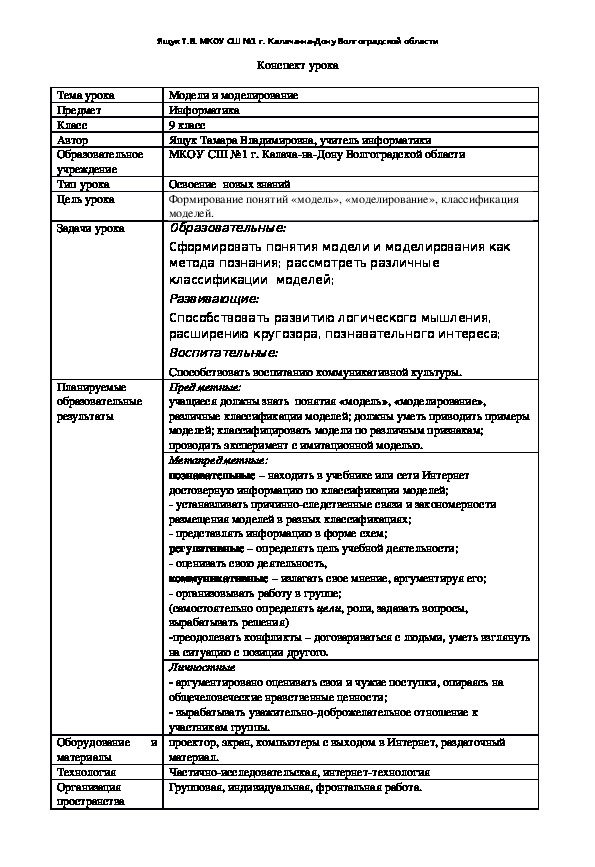 Конспект урока по информатике на тему "Модель и моделирование" (9 класс, учебник Н.Д. Угринович)