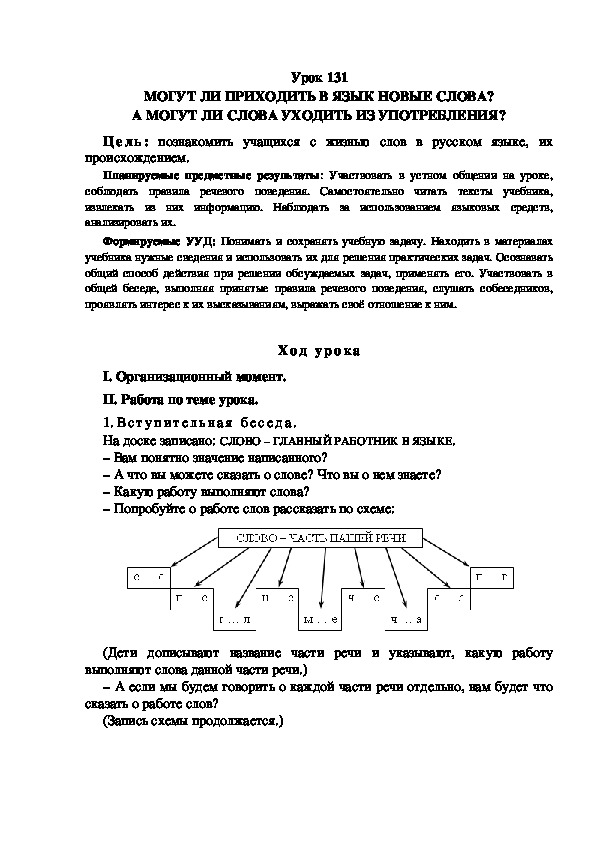 Обложка для материала Конспект урока по теме: МОГУТ ЛИ ПРИХОДИТЬ В ЯЗЫК НОВЫЕ СЛОВА? А МОГУТ ЛИ СЛОВА УХОДИТЬ ИЗ УПОТРЕБЛЕНИЯ?(4 класс)