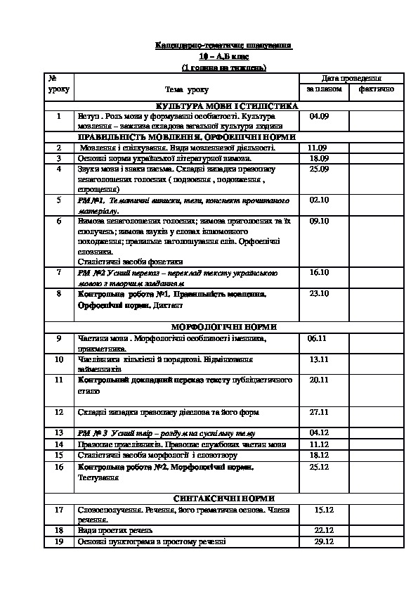 Рабочая программа по украинскому языку 10 класс