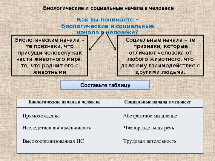 Социальное в человеке обществознание. Социальные начала в человеке таблица. Биологические и социальные начала в человеке. Биологическое и социальное начало в человеке таблица.