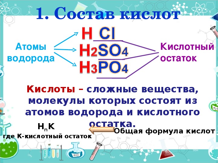 Кислота химия 8. Состав кислот 8 класс химия. Кислоты состоят из.