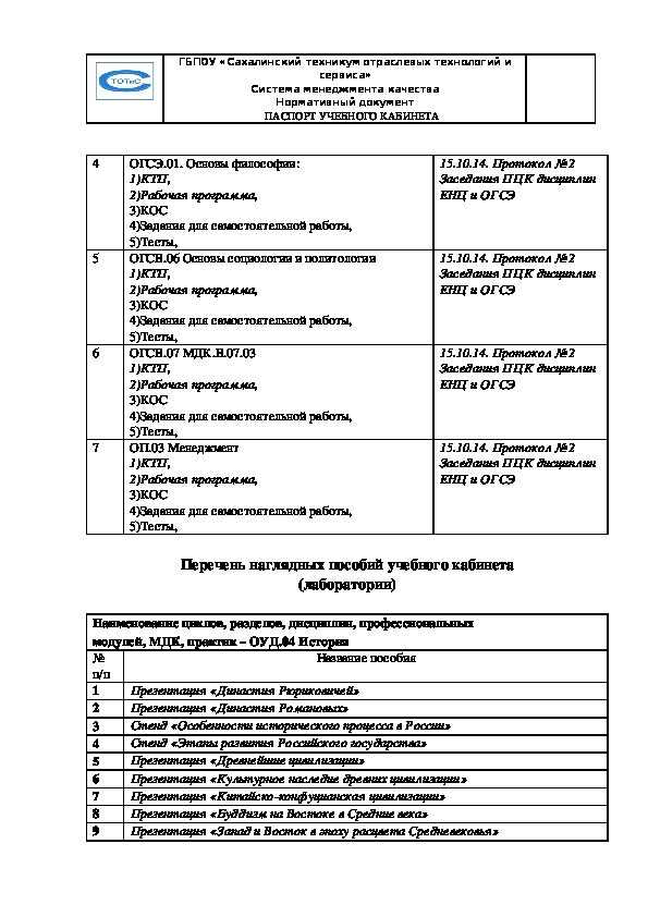 Паспорт учебного кабинета образец колледжа