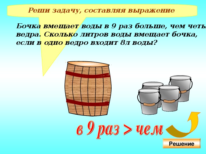 Используя рисунки составь и реши задачи в которых нужно узнать сколько литров