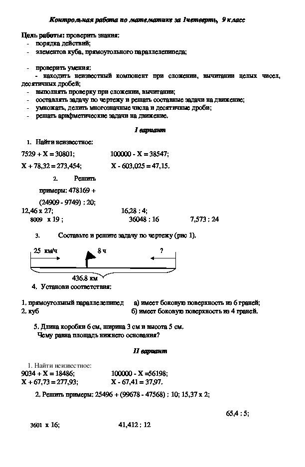 Контрольная   работа  по математике за 1 четверть (9класс)