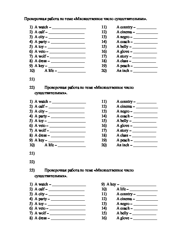 Проверочная работа по теме "Множественное число существительных"