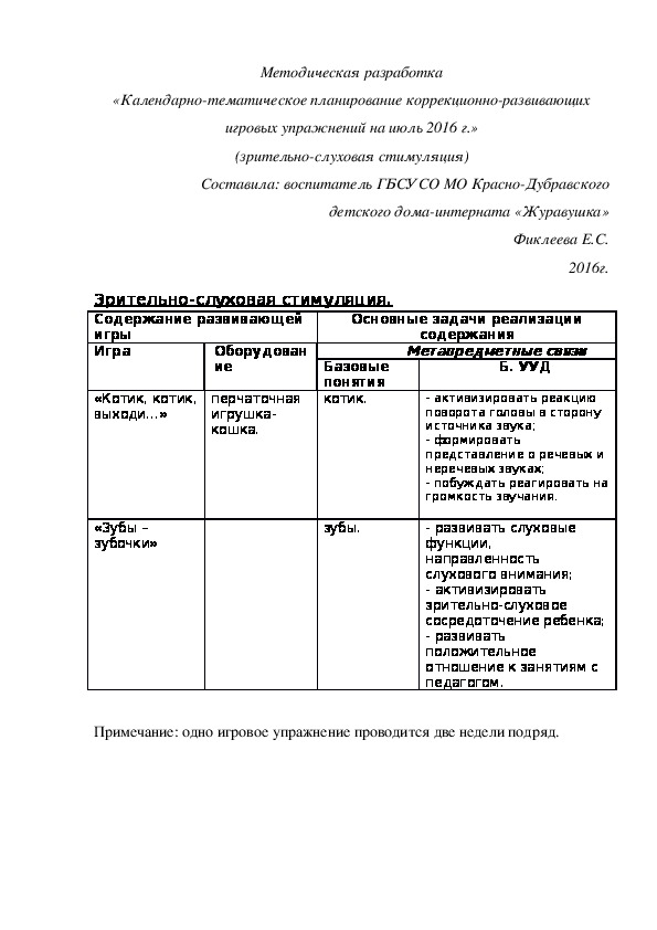 Методическая разработка «Календарно-тематическое планирование коррекционно-развивающих игровых упражнений на июль 2016 г.» (зрительно-слуховая стимуляция)