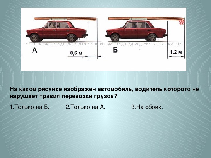 На рисунке изображена машина. На каком рисунке изображен автомобиль водитель которого не нарушает. Нарушает правила перевозки грузов.