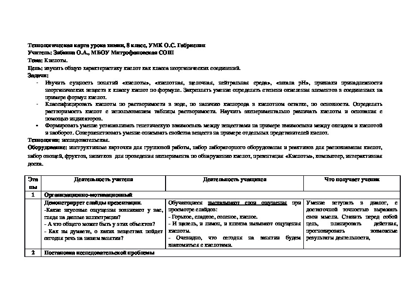 Обложка для материала Технологическая карта урока химии в 8 классе по теме: "Кислоты" (на основе УМК О.С. Габриелян)