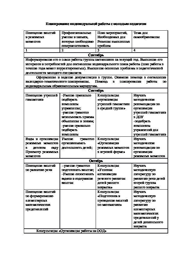 Индивидуальный план работы с молодым педагогом