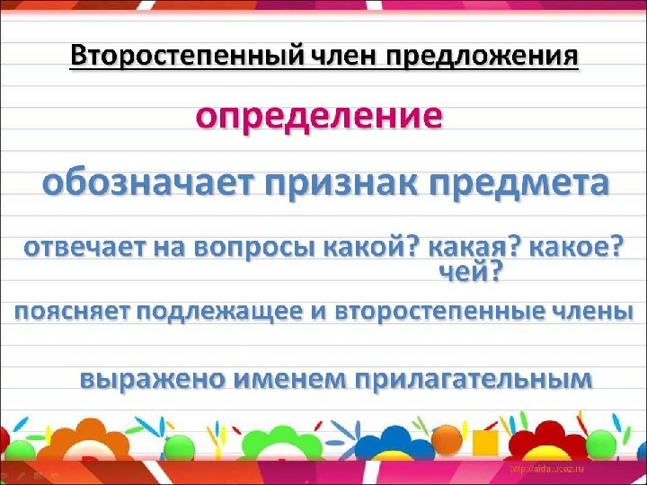 Задай вопрос к второстепенным. Второстепенные члены предложения определение. Определение член предложения. Второстепенный член предложения обозначающий предмет. Обозначение второстепенных членов предложения.