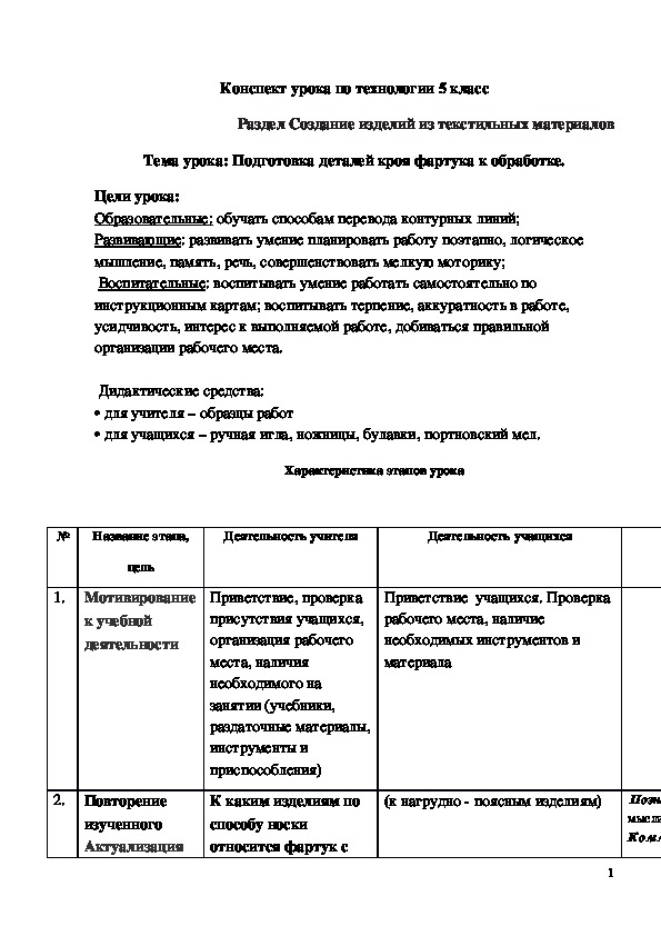 Окончательная обработка фартука план конспект