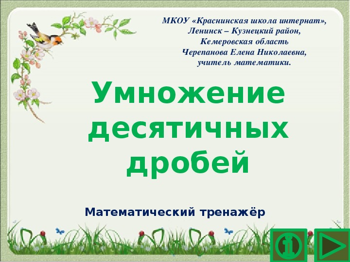 Обложка для материала Презентация по математике "Умножение десятичных дробей.  Математический тренажёр"