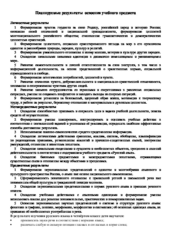 Рабочая программа по русскому языку .4 класс. автор В. П. Канакина.
