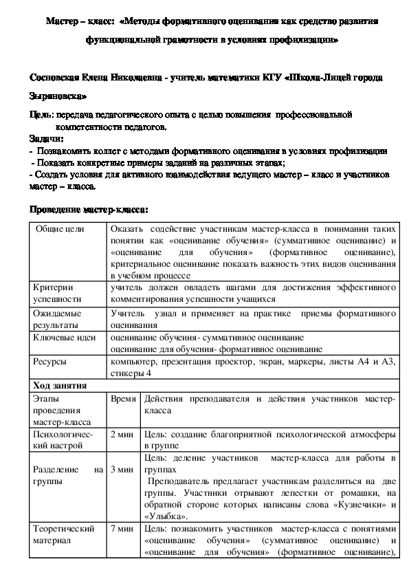 Мастер-класс:  "«Методы формативного оценивания как средство развития  функциональной грамотности в условиях профилизации»