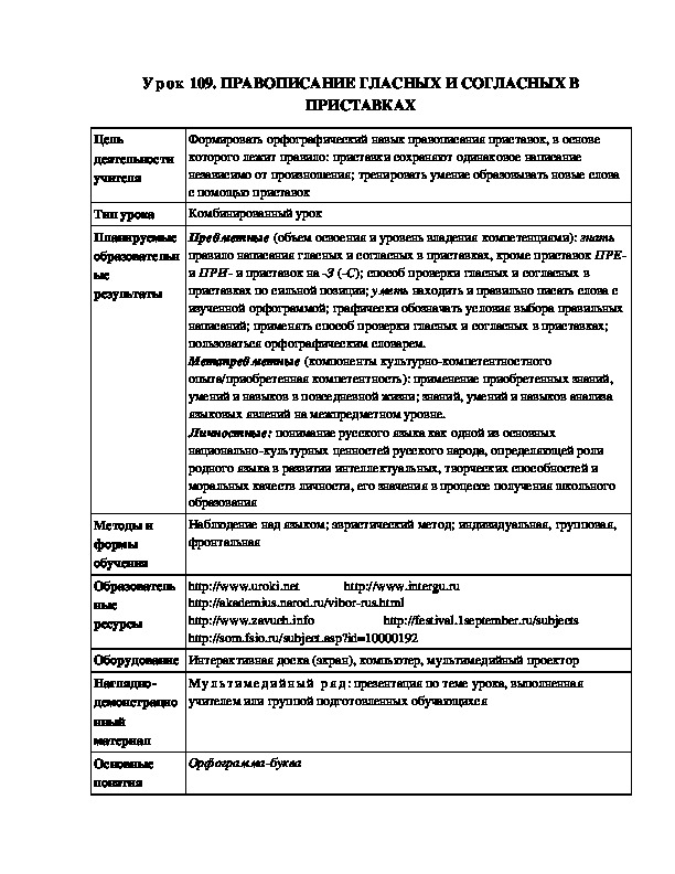 Урок 109 Правописание гласных и согласных в приставках